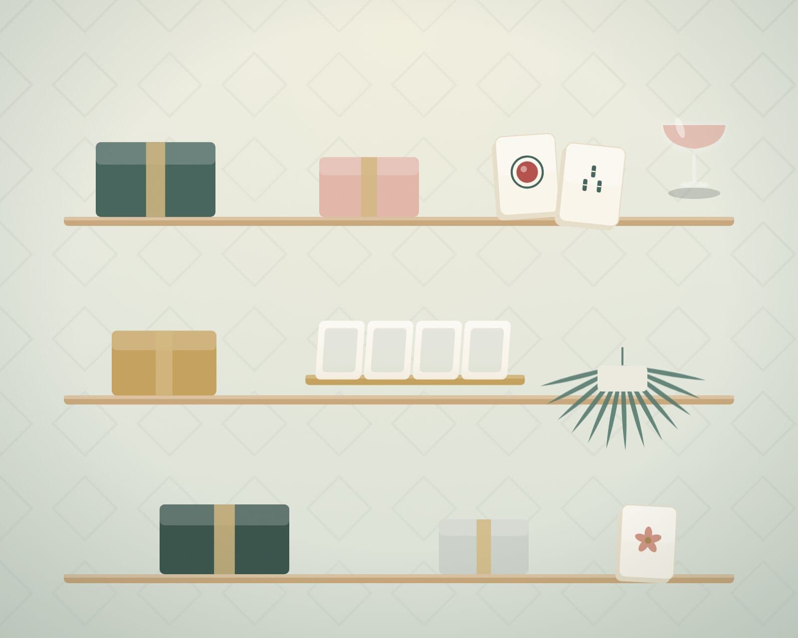 Illustrated boutique shelves with Mahjong sets, gift boxes and brass details