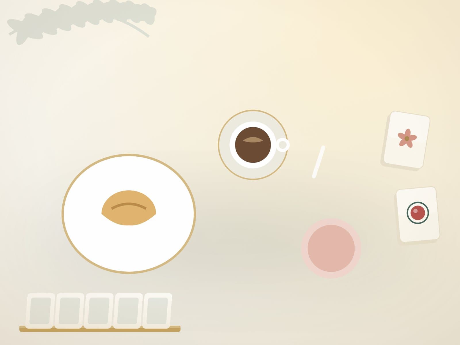Illustrated weekend brunch table with pastry, coffee, juice and Mahjong tiles
