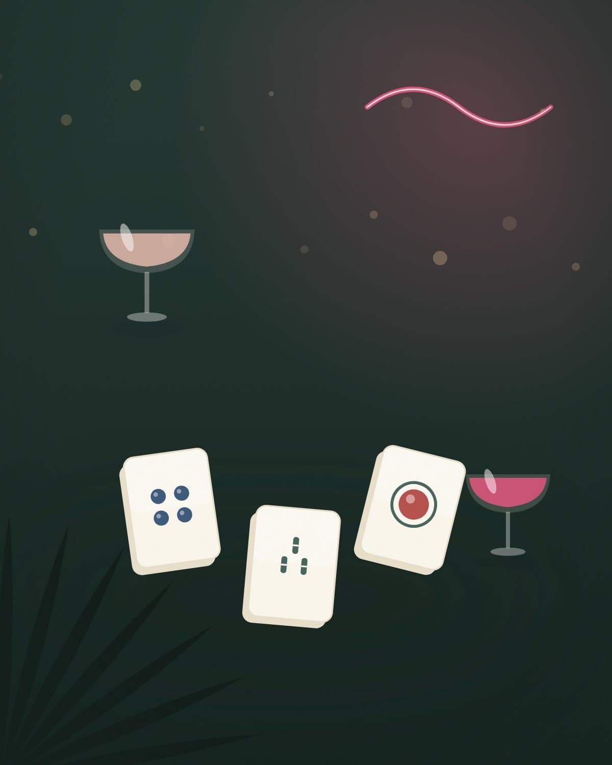 Illustrated evening Mahjong scene with cocktails and a pink neon glow
