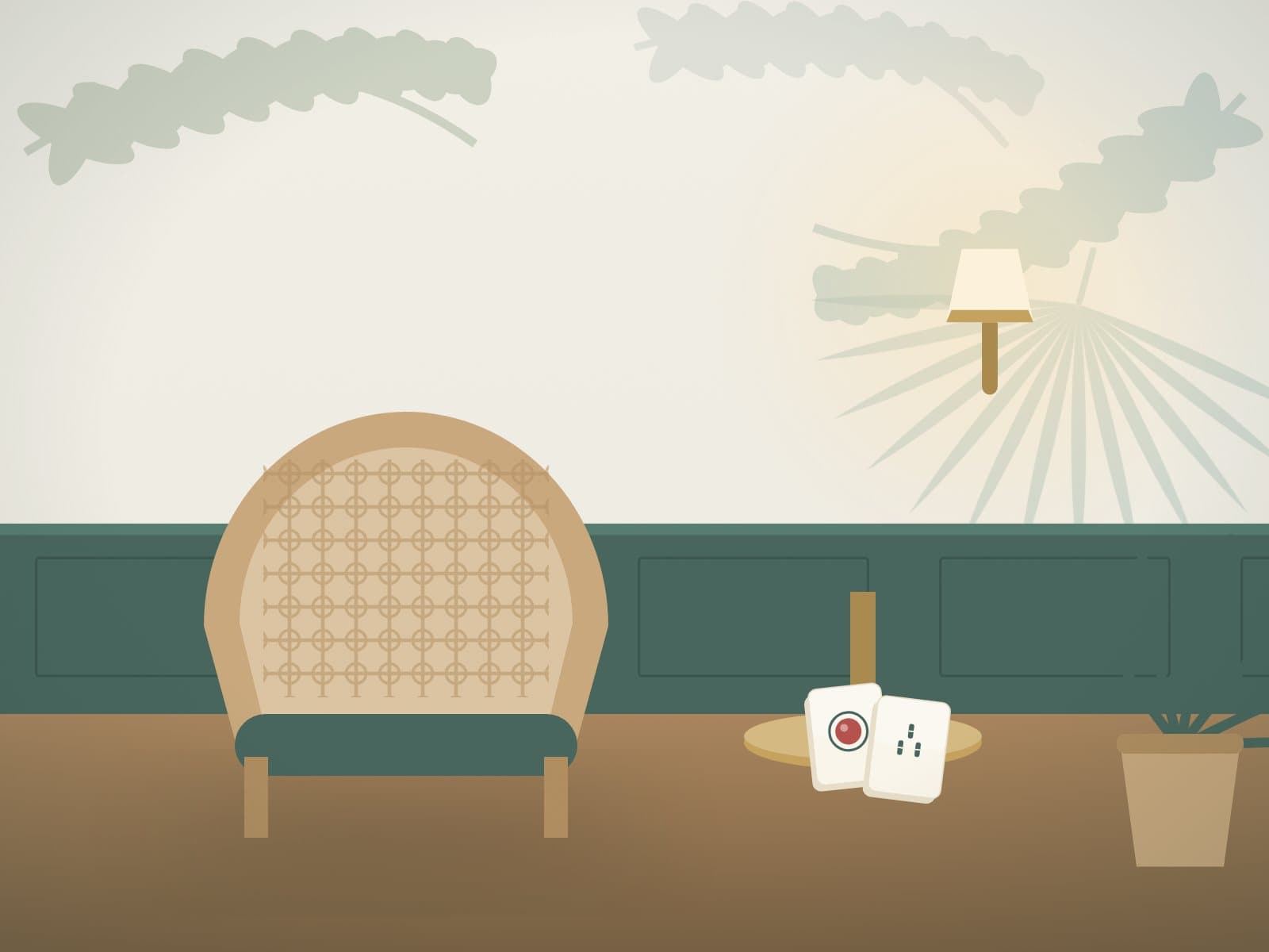 Illustration of the clubhouse lounge — rattan chair, palm leaves and a brass sconce