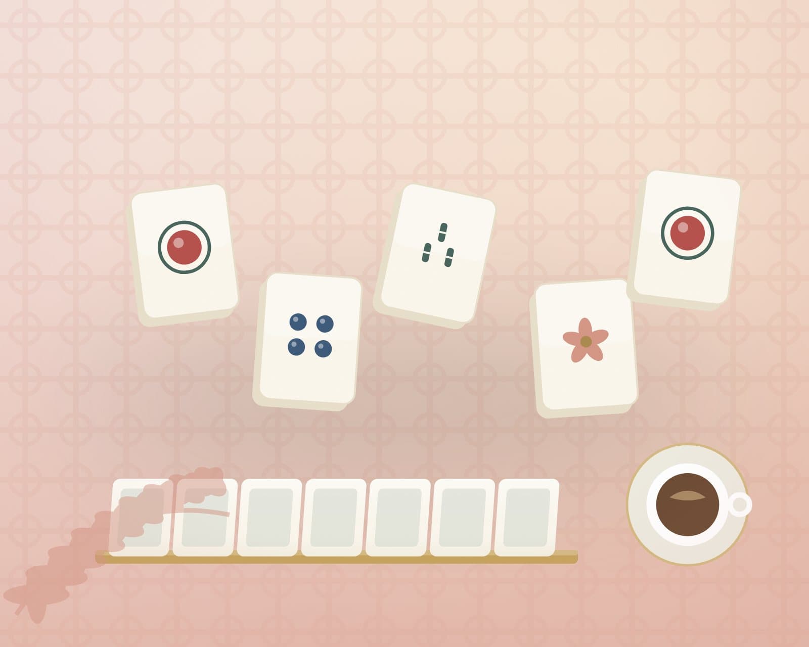 Illustrated lesson table with oversized Mahjong tiles, a tile rack and coffee