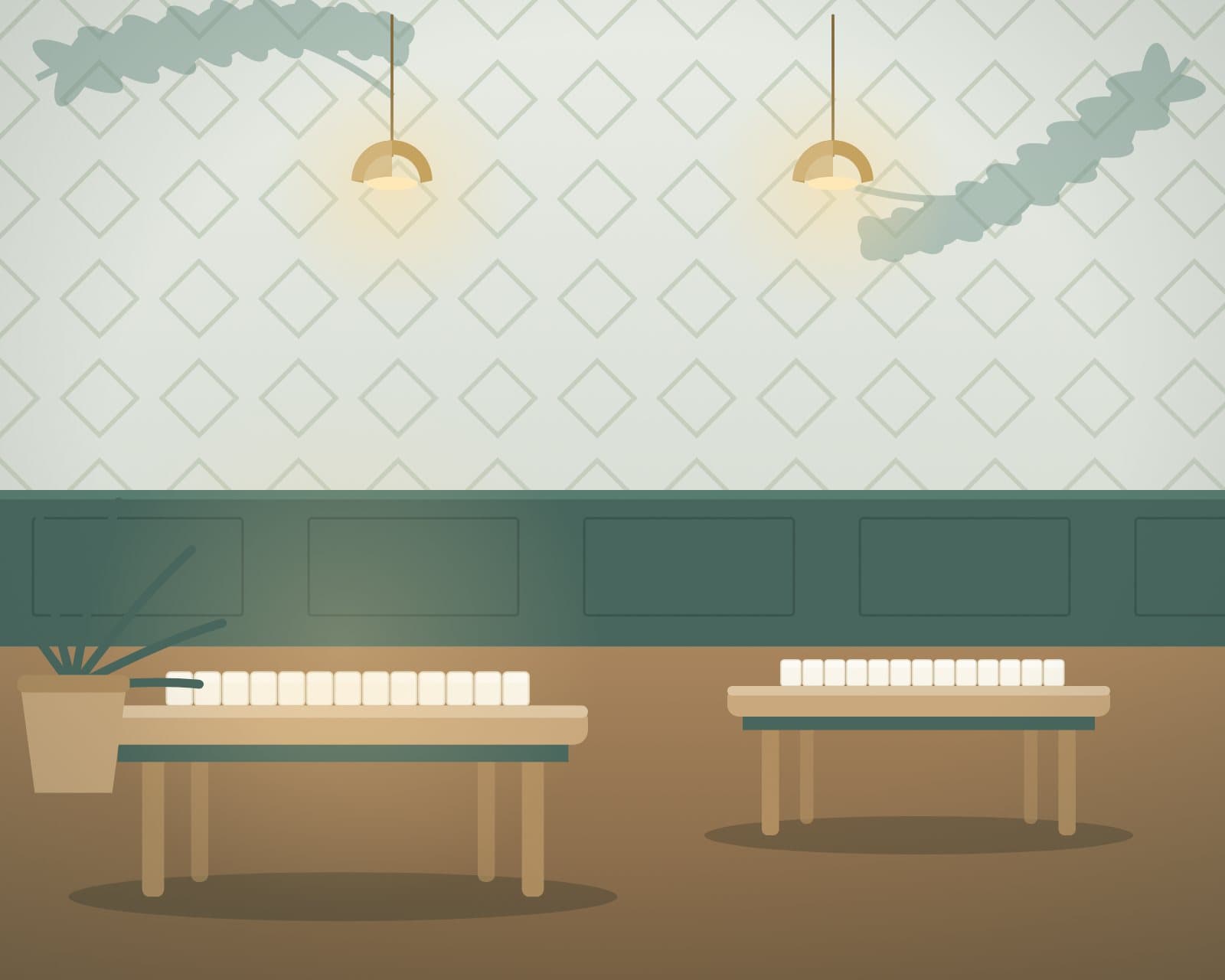 Illustration of the open-play room — Mahjong tables ready under pendant lights