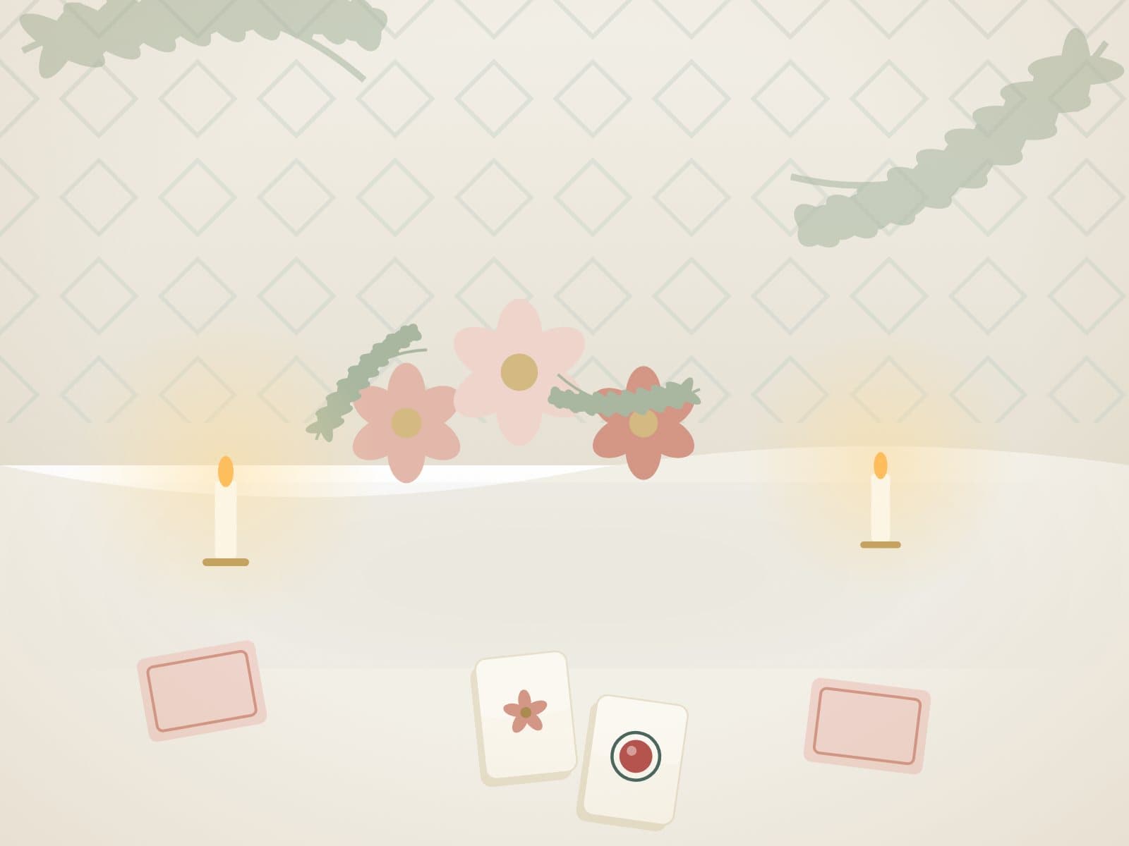Illustrated celebration table with flowers, candles, blush napkins and Mahjong tiles