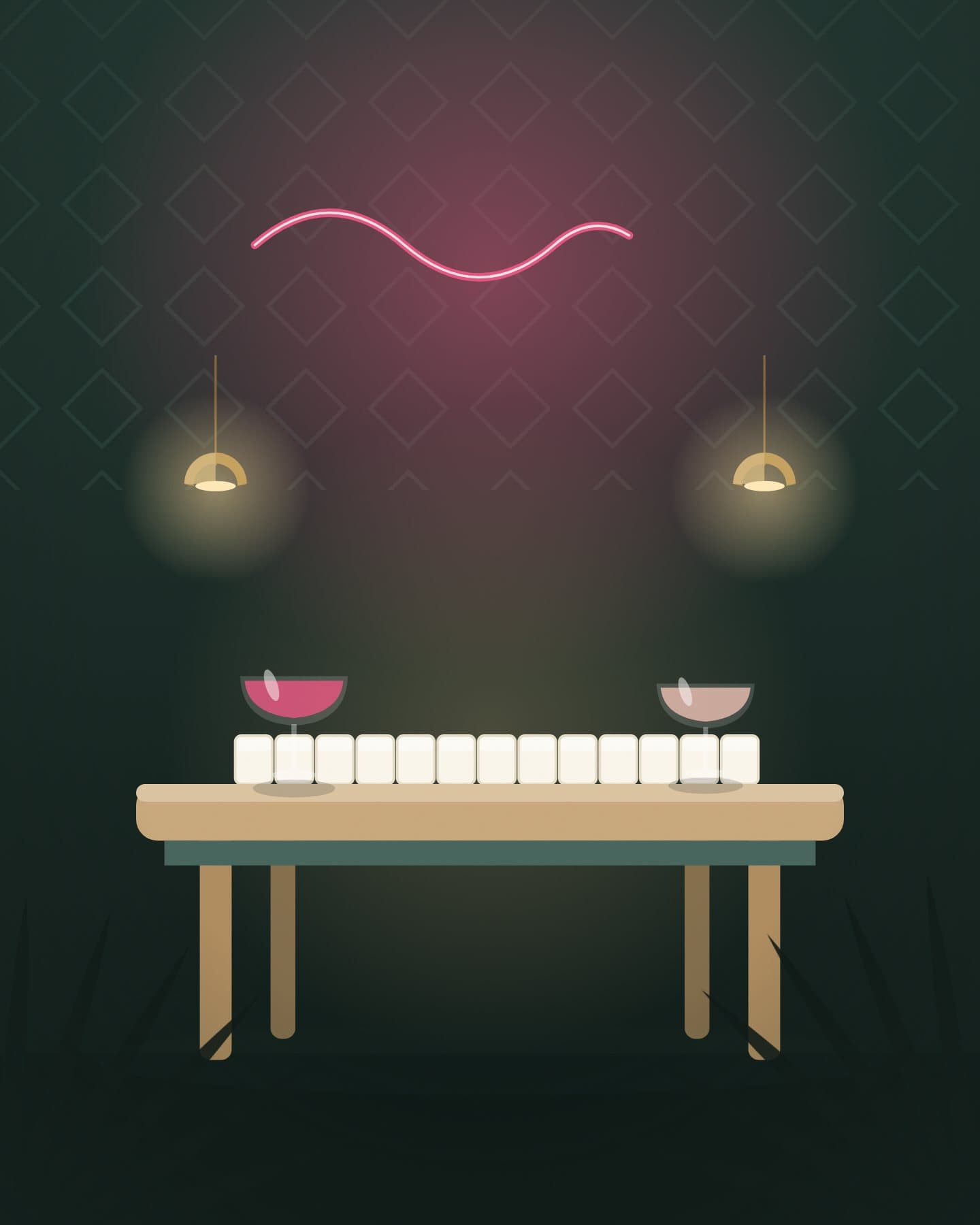 Illustration of a Social Mahj evening — neon glow, pendant lights and a tile wall with cocktails