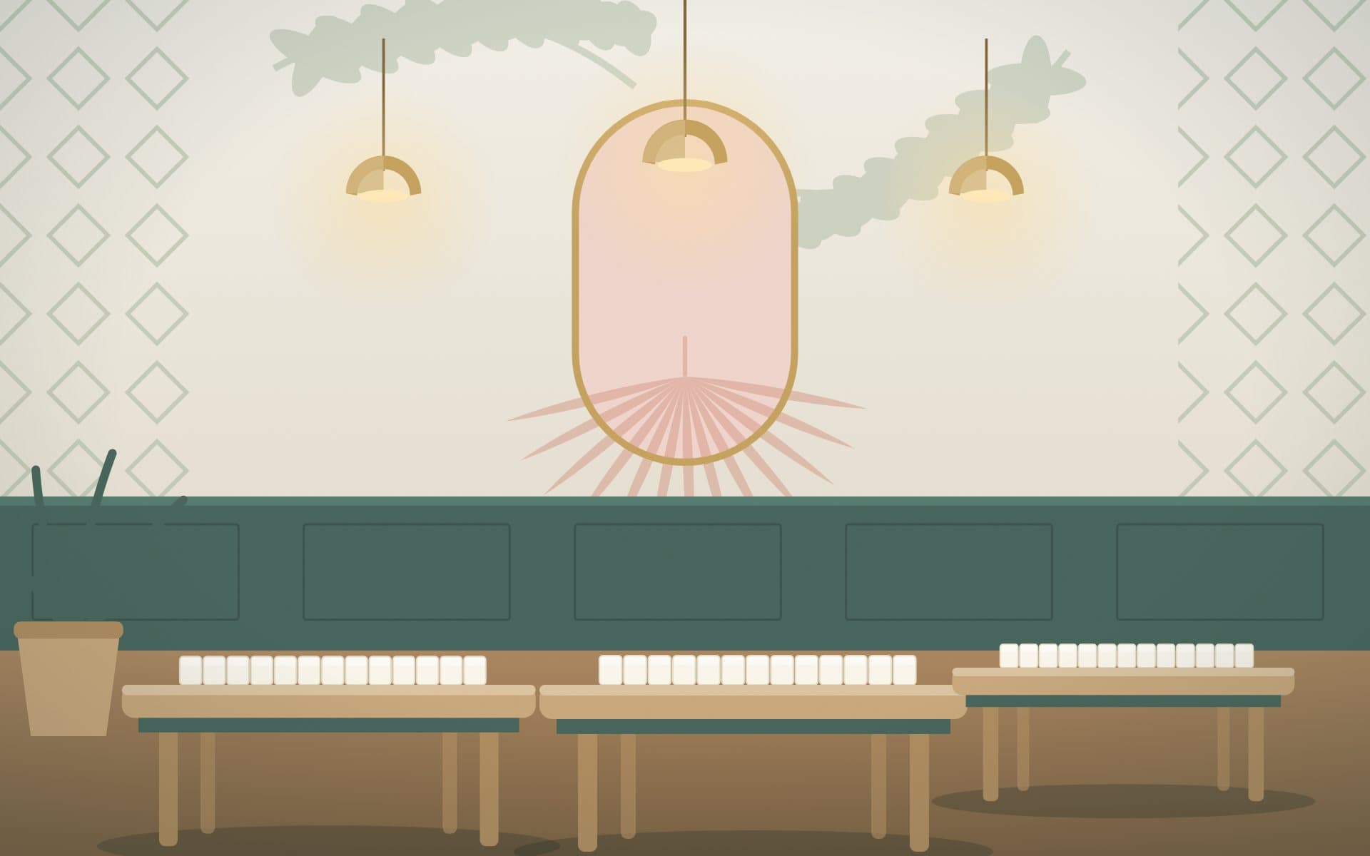 Illustration of the clubhouse floor — Mahjong tables under brass pendant lights
