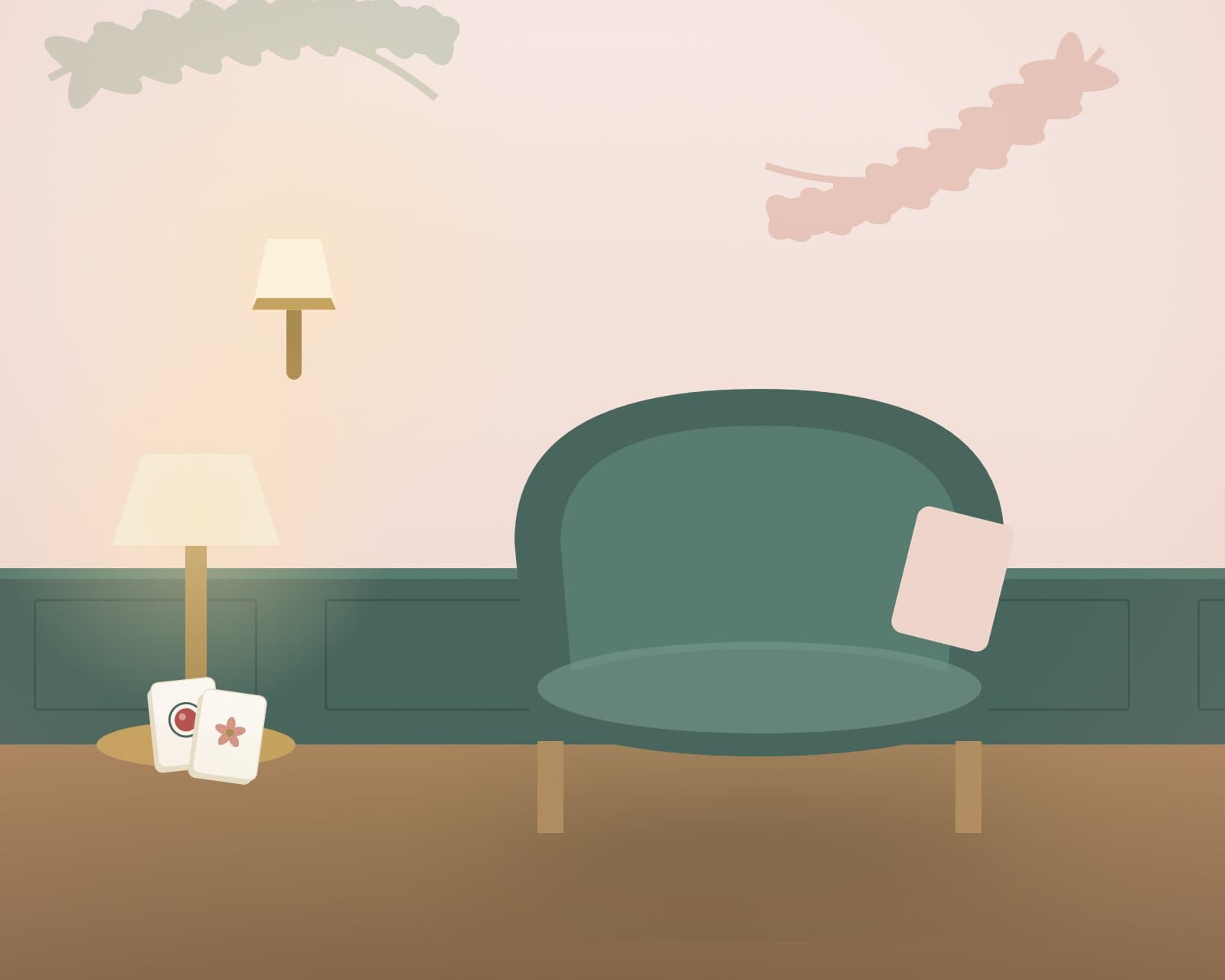 Illustration of a favorite armchair corner in the clubhouse with a reading lamp and tiles